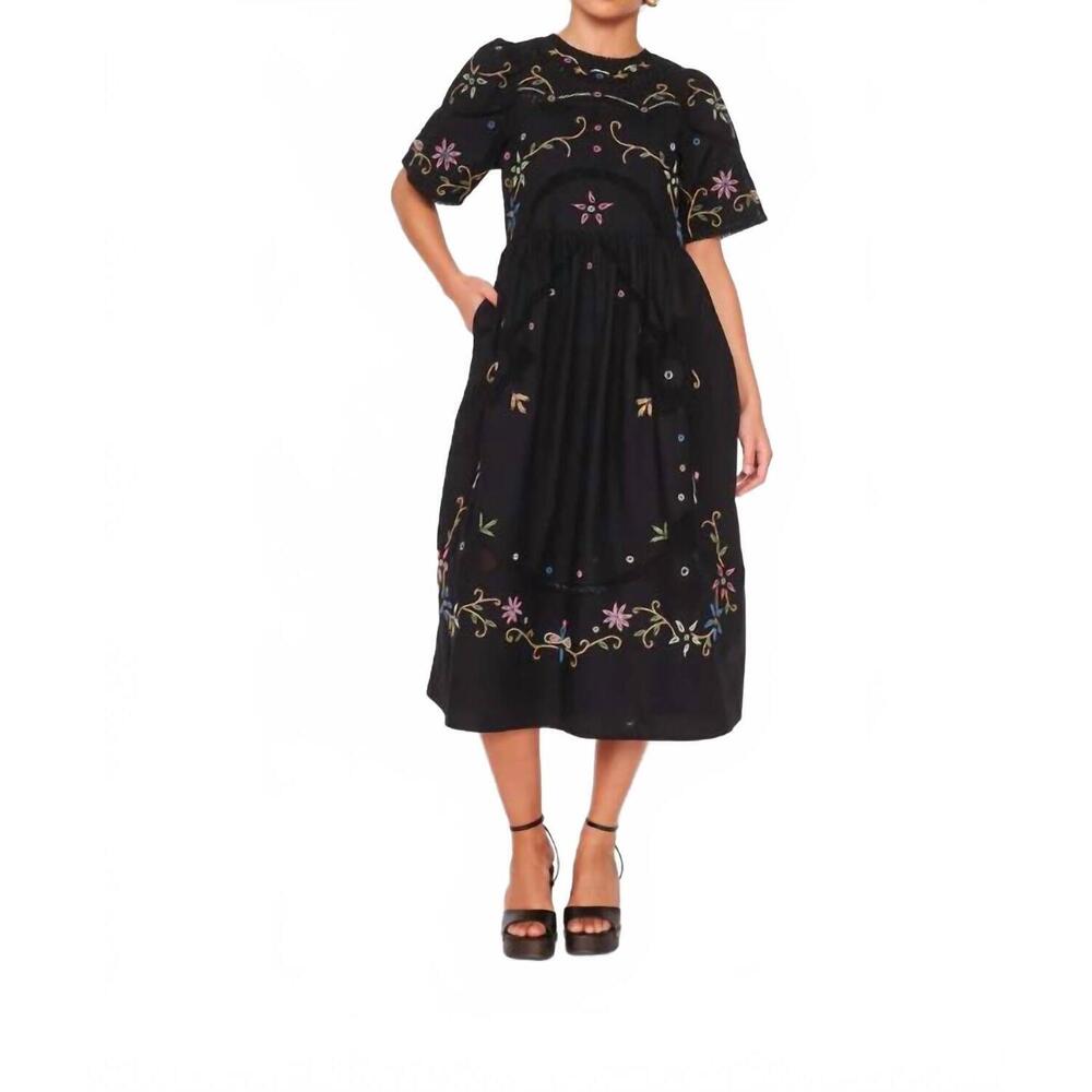 NEW DRA LOS ANGELES palm midi dress in black embroidery